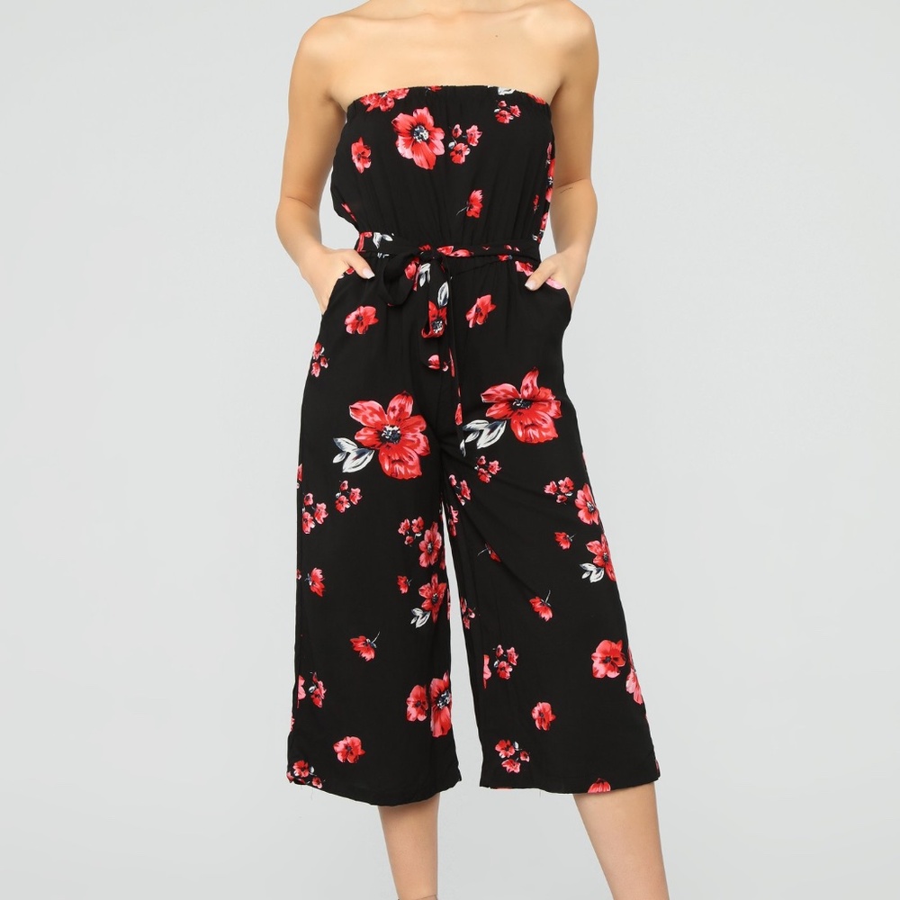 Black red pink floral flower cropped tube jumpsuit